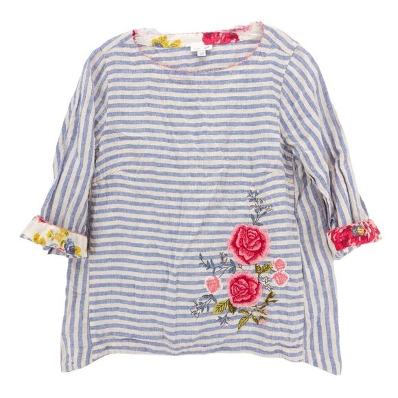 J. JILL 100% Linen Striped Floral Embroidered Top Blouse Asymmetric Hem PETITE M - Picture 1 of 9